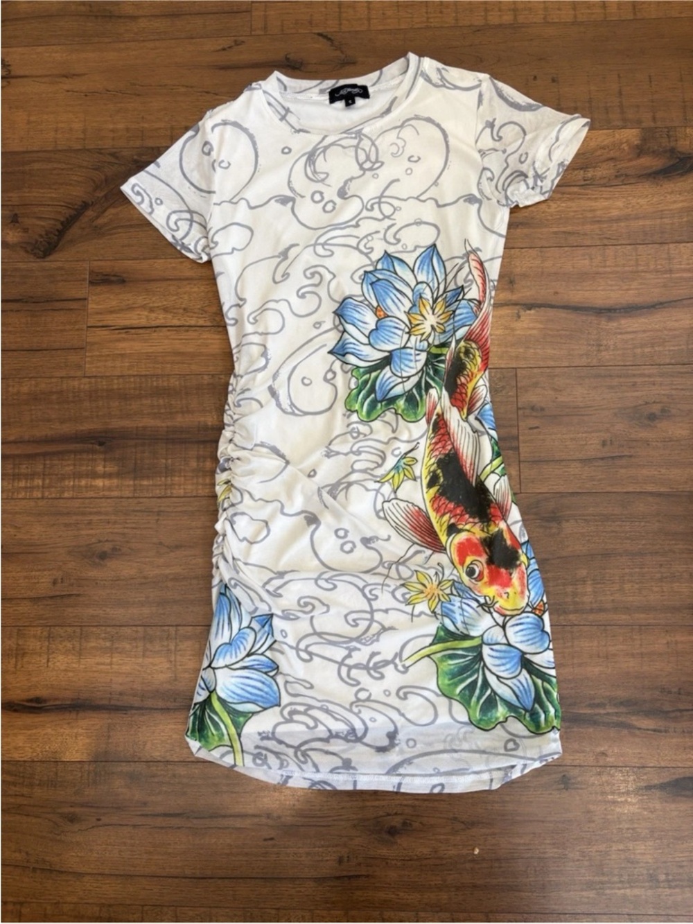 Ed Hardy Koi Fish Bodycon Dress White Size Small Mesh Short Sleeve